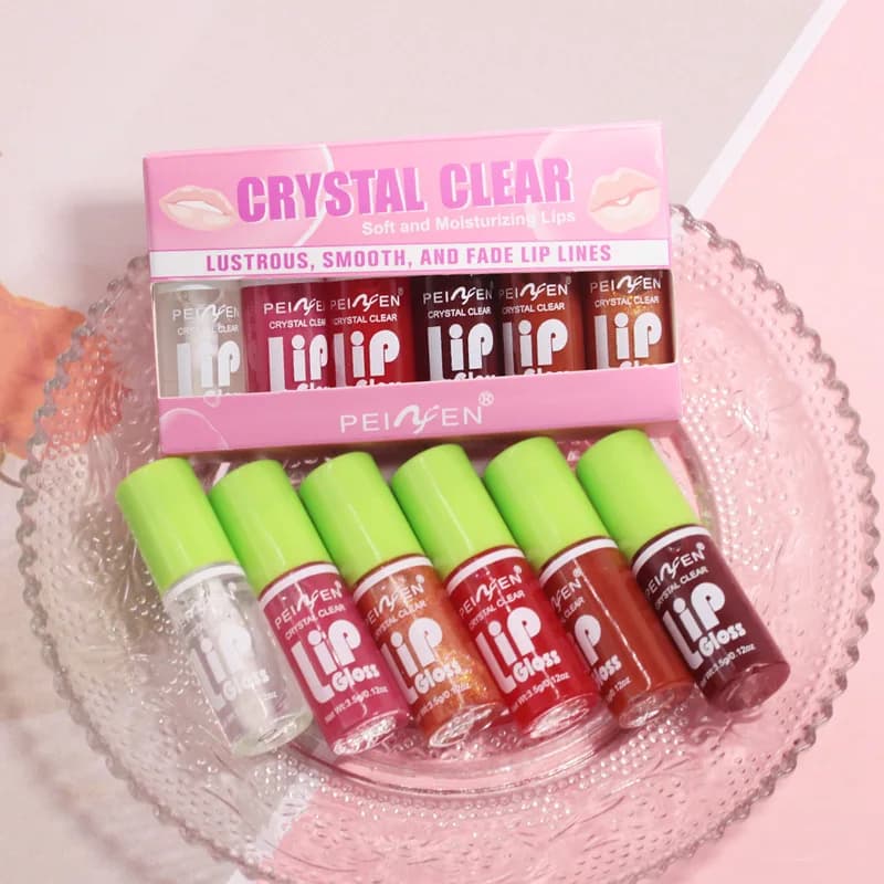 6-piece mirror glass lip gloss set, light moisturizing lip balm, shiny, shiny, veiled, peach, cherry pink