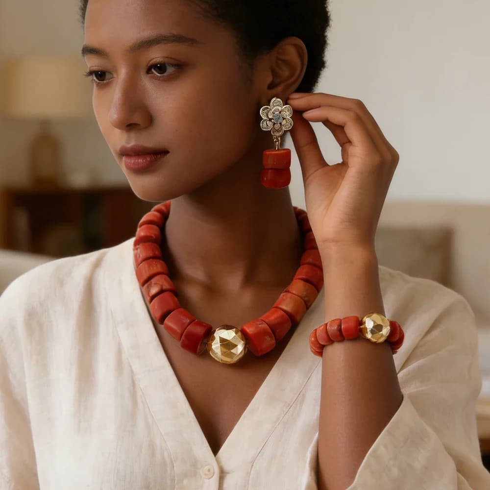 Nature Coral Jewelry Sets Nigerian Statement Beads Necklace Earrings Bracelet African Women Bohemian Choker Collar Wedding Gifts