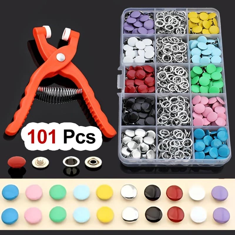 Kit di 101 Bottoni a Pressione con Pinze, Colori Vivaci, Metallo Resistente, Accessori per Cucito, Fai da Te, Artigianato, Abbigliamento, Cappelli, Borse, Ideale per Principianti