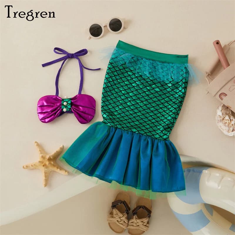 Tregren 0-3 Years Toddler Baby Girls Swimsuit Cute Shell Pearl Halter Bikini Tops Tulle Patchwork Mermaid Tail 2Pcs Swimwear