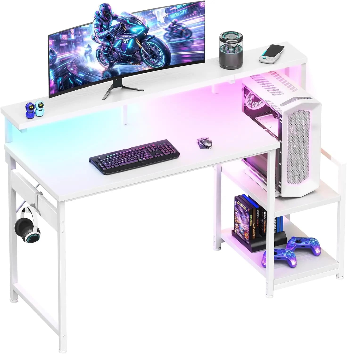 Scrivania da Gaming, Scrivania per Computer da 48 Pollici con Luci LED, Scrivania da Ufficio con Supporto per PC, Scrivania Reversibile con Ripiano per Monitor e Supporto per Cuffie