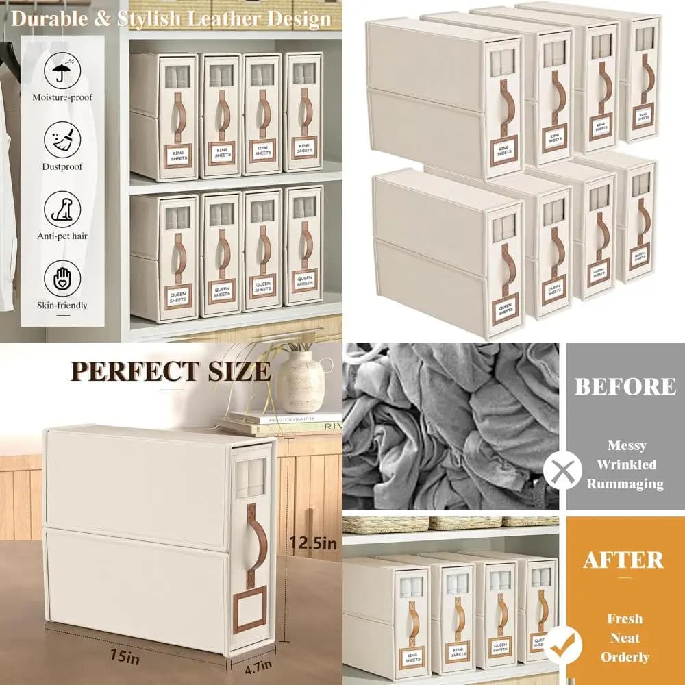 Organizer for Bed Sheets King Size with Handle, Storage Box for Linens, 3.7 Gallon Beige Container