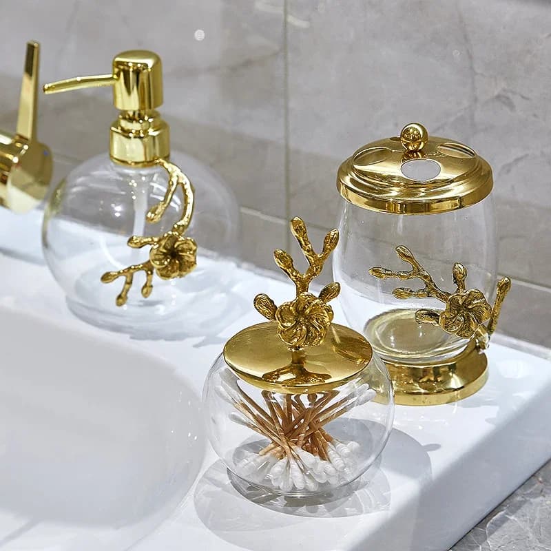 Kit da bagno in metallo e vetro, bottiglia per lozione, scatola per bastoncini di cotone, vassoio per ornamenti, stile moderno, forniture per il bagno di casa, portaspazzolino