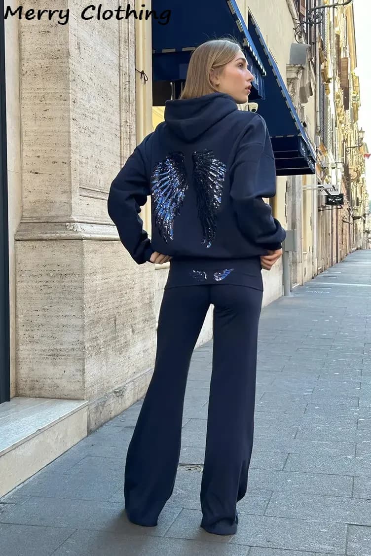 Felpe con cappuccio con ali d'angelo con paillettes da donna Pullover a maniche lunghe allentati chic Top Slim Yoga Pant Set 2025 New Casual Lady Set a due pezzi