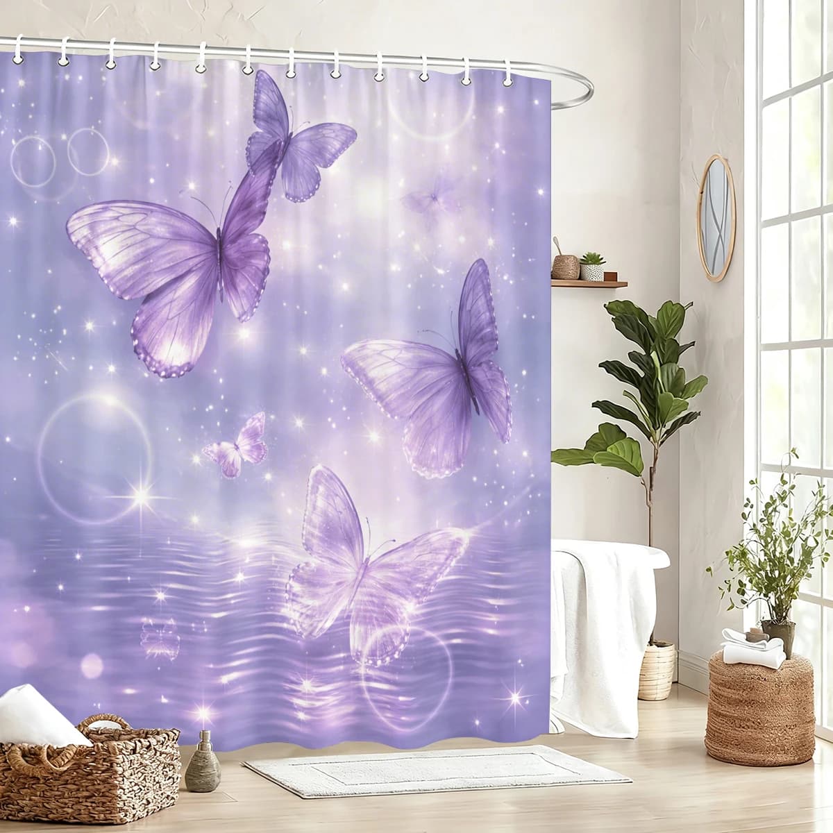 2D Printed Dragonfly & Butterfly Pattern Polyester Shower Curtain - Stylish Bathroom Decorative Curtain for Home