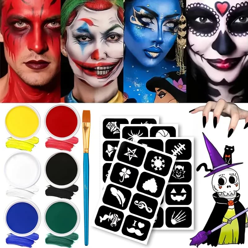 Pittura per il viso monocromatica a 6 colori con set di pennelli, set di pittura per il viso a base d'acqua per feste per bambini, tavolozza per il trucco del corpo di Halloween