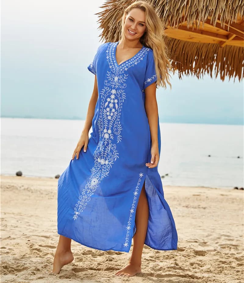 Embroidered swimwear with V-neck, short sleeve, women's cover, caftano dresses