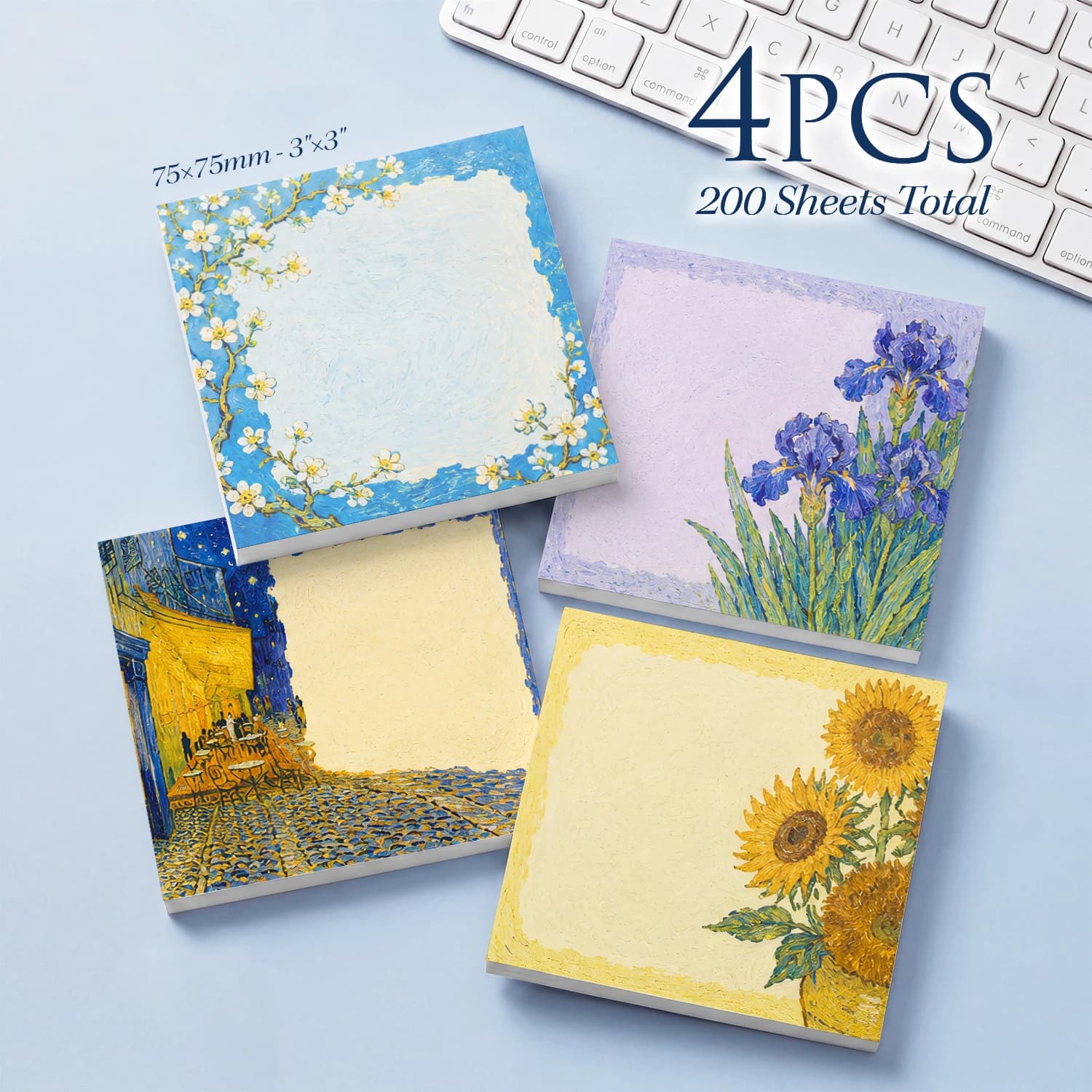 4 Pcs 200 Sheets Total Van Gogh Inspired Sticky Notes, 75x75mm 3x3 Inch, Sunflower Iris Blossom Cafe Oil Painting Memo Pads,