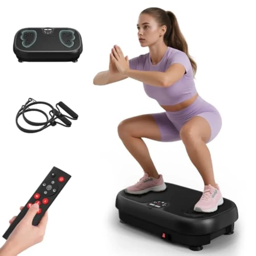 Home gym vibration plate for lymphatic drainage and weight loss steel construction black 440 lbs capacity with 2 resistance ban