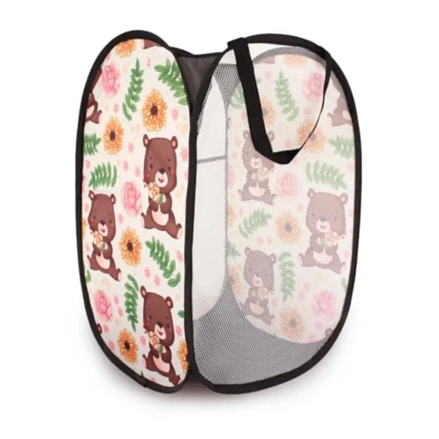 Cesto Portabiancheria Pieghevole Pop-Up Carino - Cesto in Rete con Manici Resistenti per Giocattoli, Vestiti, Calzini, Borsa Contenitore Marrone Orsetto