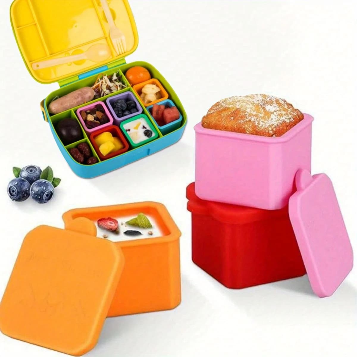 4 Leak Proof Impregnation Container, Compatible with Most Bento Lunch Boxes, with A Covered Silicone Salad Dressing Container