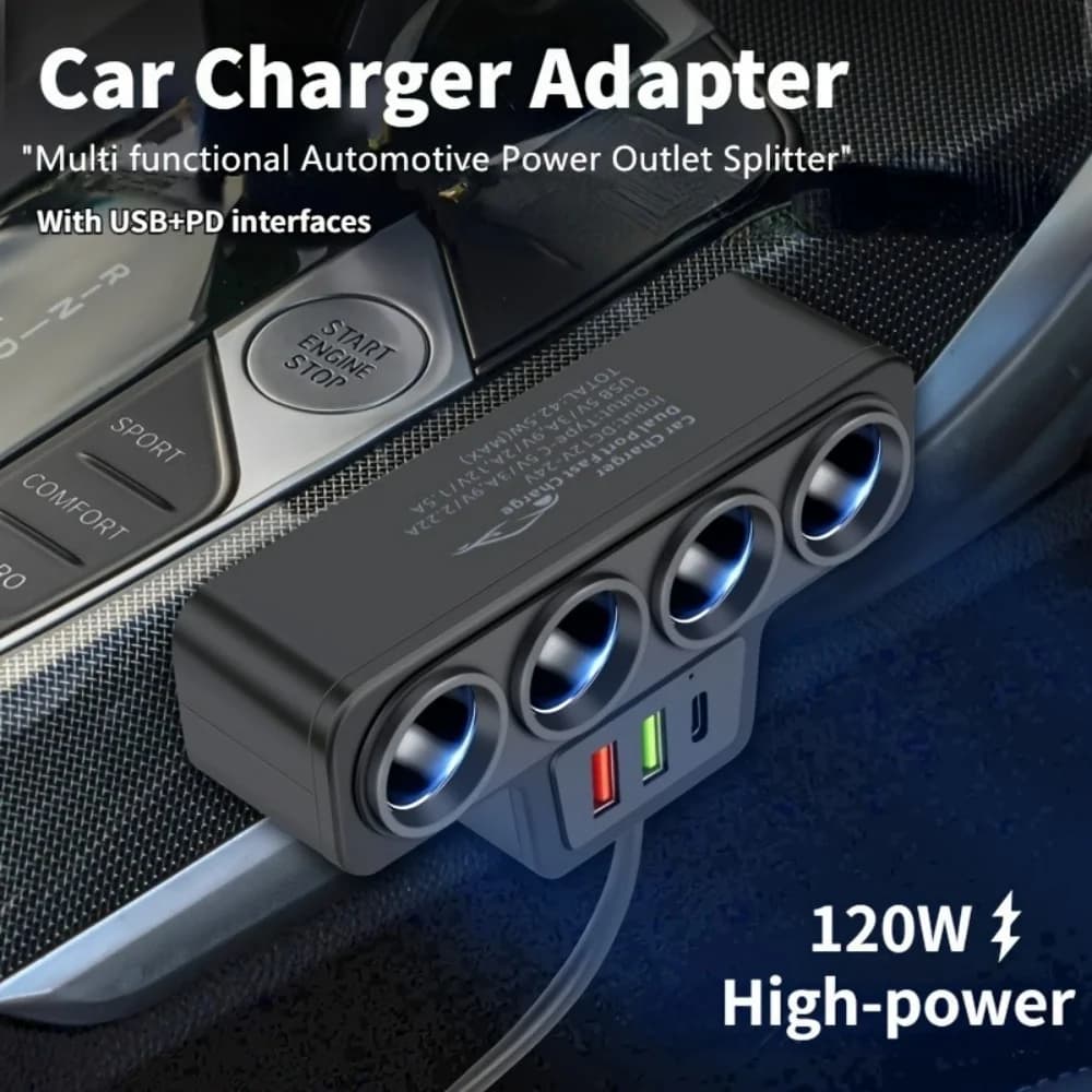 12V/24V Car Cigarette Lighter Adapter 4 Ports 3.1A USB Charger 120W QC3.0 PD Fast Charging for iPhone Samsung Truck SUV Vehicle
