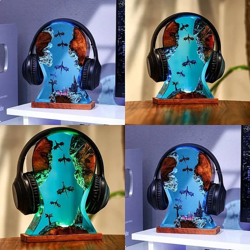 3D Dragon Resin Night Light LED Desk Lamp Ice Fire Dragon Headphone Stand Gift for Boyfriend