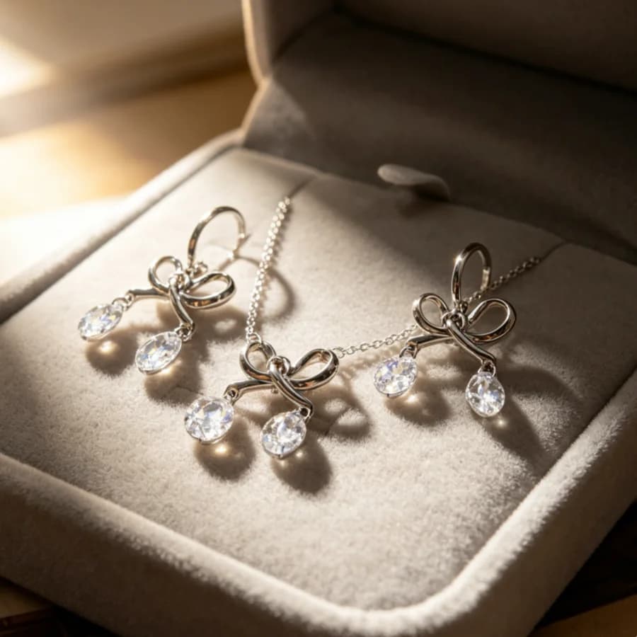 Set di gioielli con fiocco in argento da 2 pezzi/set, collana con pendente rotondo scintillante in zirconia cubica e orecchini da donna, adatti per le donne