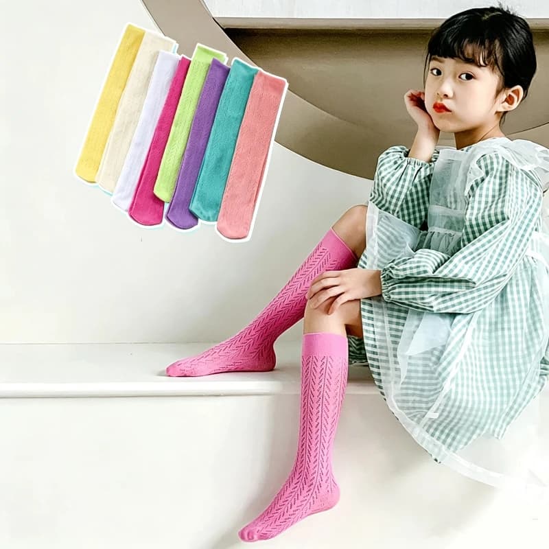Summer Kids Girls Thin Hollow-Out Socks Polychromatic Geometry Ventilation Baby Child Long Socks Anti-Pilling Fashion Stockings