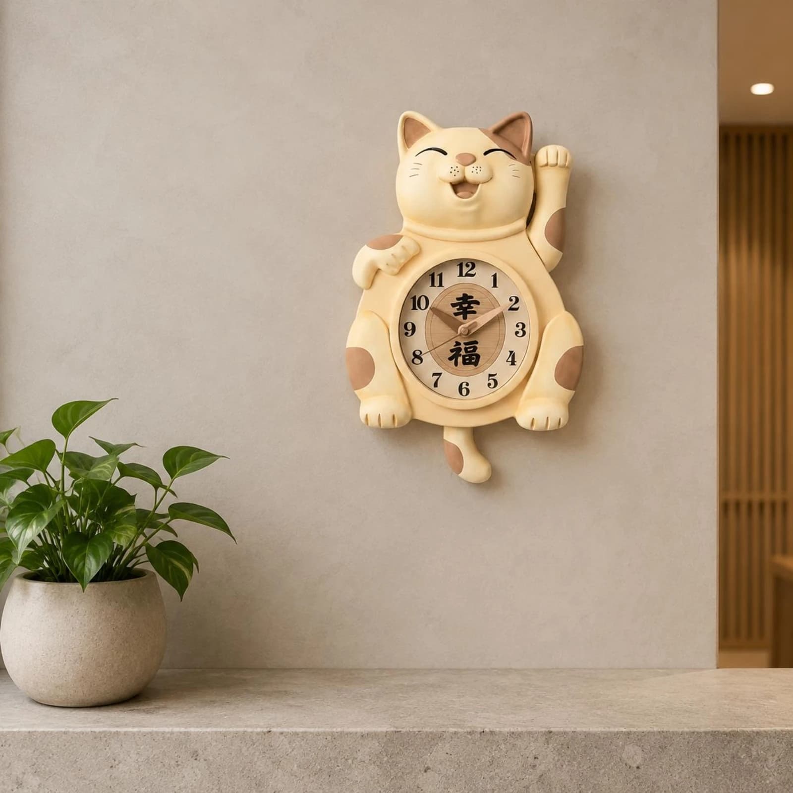 Maneki-Neko Timepiece Arabic Numerals Hanging Feline Timepiece Home Decor Wood-Like Finish Resin
