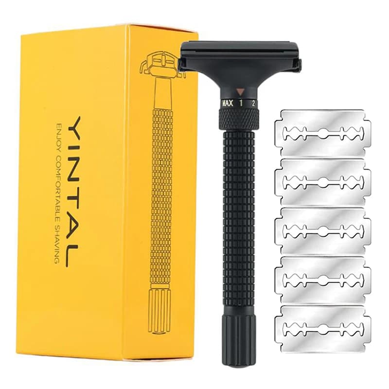 Adjustable precision men's shaver - Brass metal handle with double edge safety butterfly for beard and mustache grooming with 5 blades