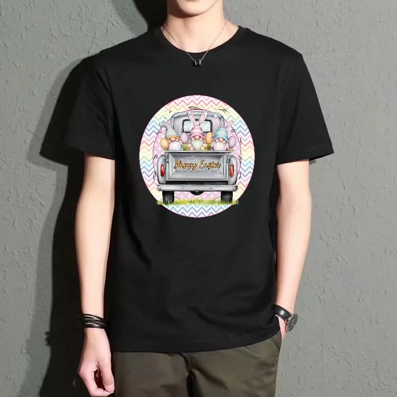 Men's Black Round-Neck Short-Sleeved T-Shirt, Easter-Themed Cartoon Print Top, Casual Loose Fit, Trendy Item for Everyday Wear, Comfortable, Breathable and Versatile