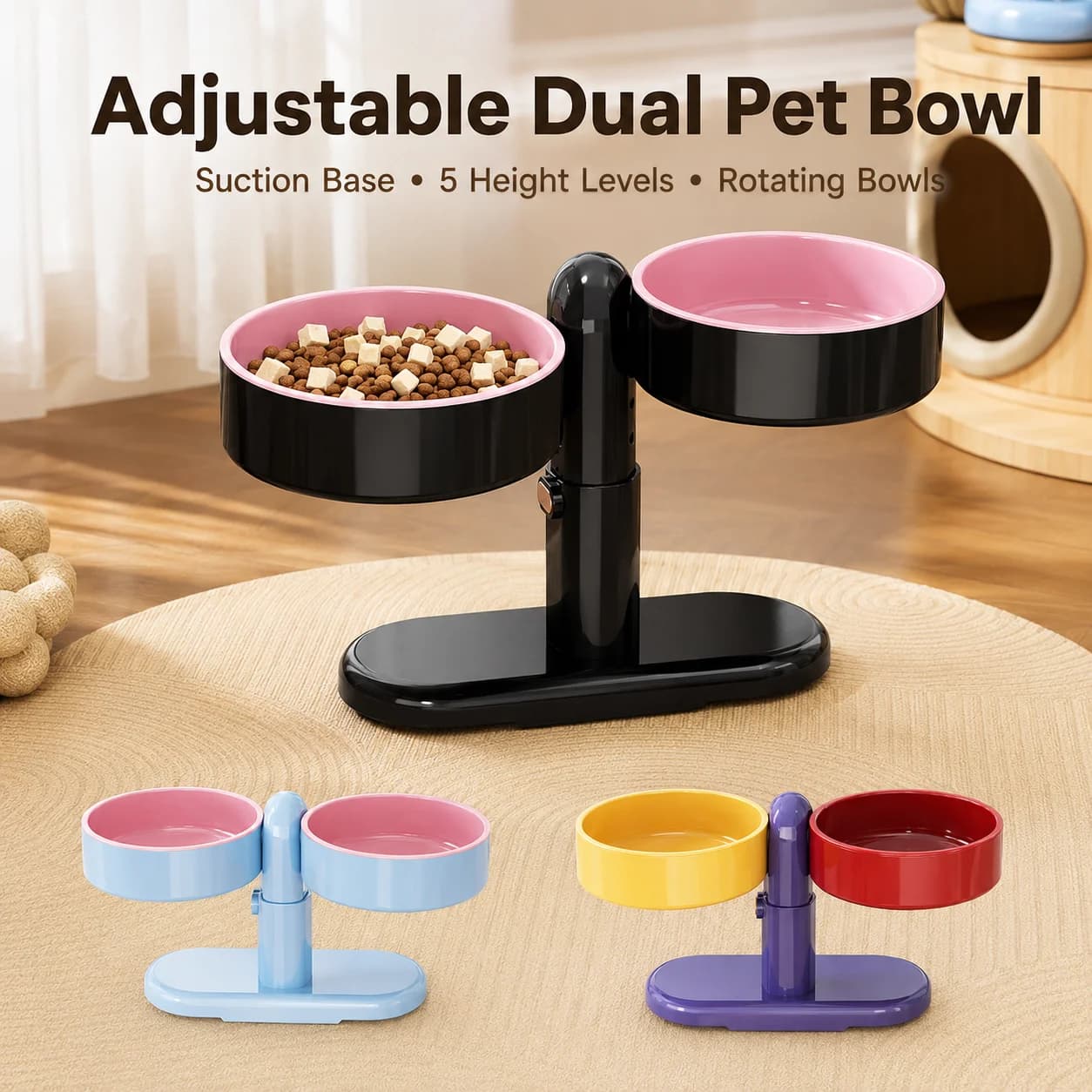 Adjustable Elevated Cat Bowl Dual Pet Food Water Bowls with Suction Base Rotating Feeding Stand for Cats Small Dogs