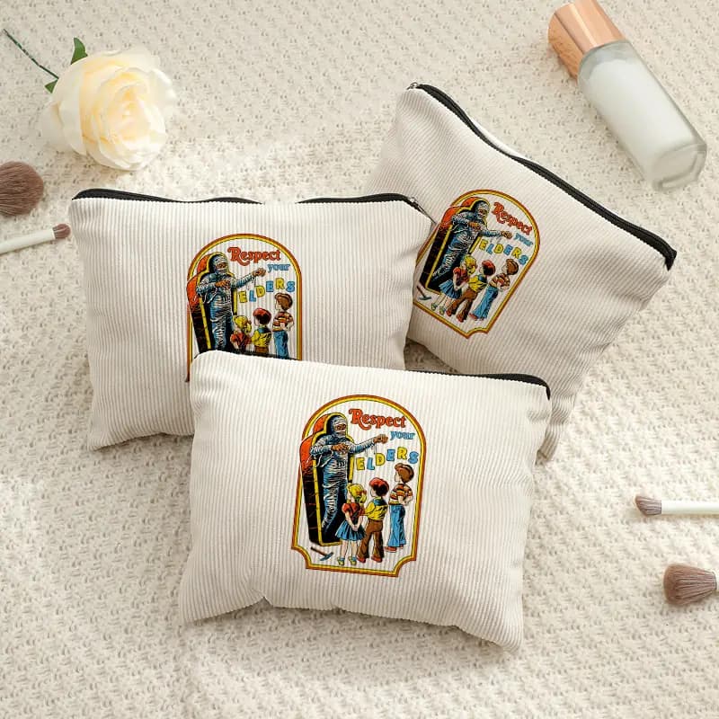 Corduroy Mummy Cosmetic Bag Respect Your Elders Retro Comic Print Zipper Makeup Pouch Travel Storage Purse for Women