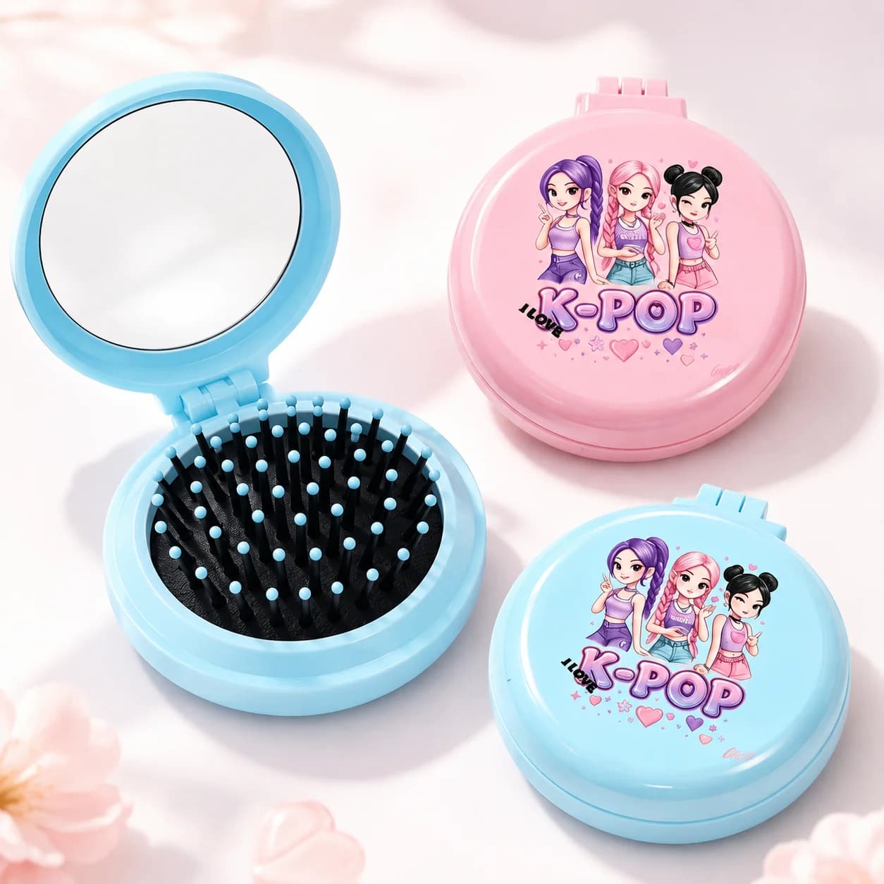 K-Pop Style Folding Hair Brush Mirror, 2 in 1 Portable Pocket Comb for Women, Cute Travel Makeup Bag Accessoryl