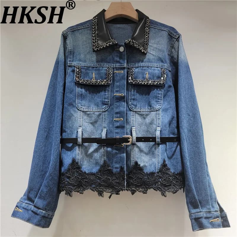 HKSH Primavera Autunno Giacca di jeans da donna nuova Patchwork in pizzo Color Block Tasche monopetto con borchie Diamanti Cappotto Y2K HK15484
