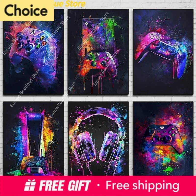 2026 Watercolor Neon Video Game Posters XBOX Prints GamePad Headset Diamond Painting Gaming Wall Art Boys Gamer Room Home Deco