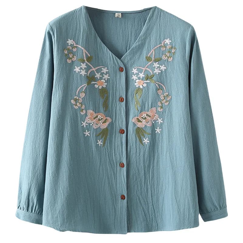 Camicette da donna taglie forti Autunno Nuovo scollo a V ricamato fiore manica lunga camicia di lino in cotone lavato 5228