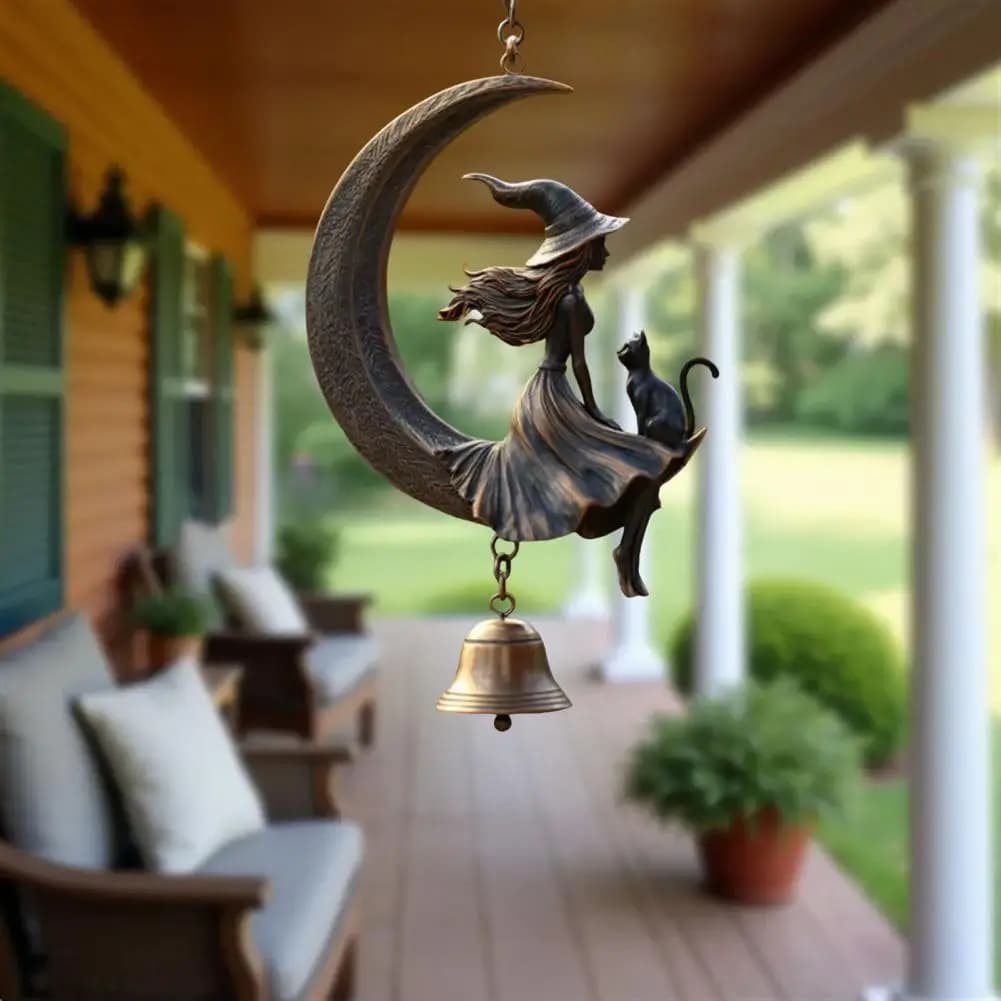 High Metal Chimes Halloween Witch Black Cat Moon Wind Chime for Garden Patio Decor Spooky Hanging Bell Ornament with for Outdoor
