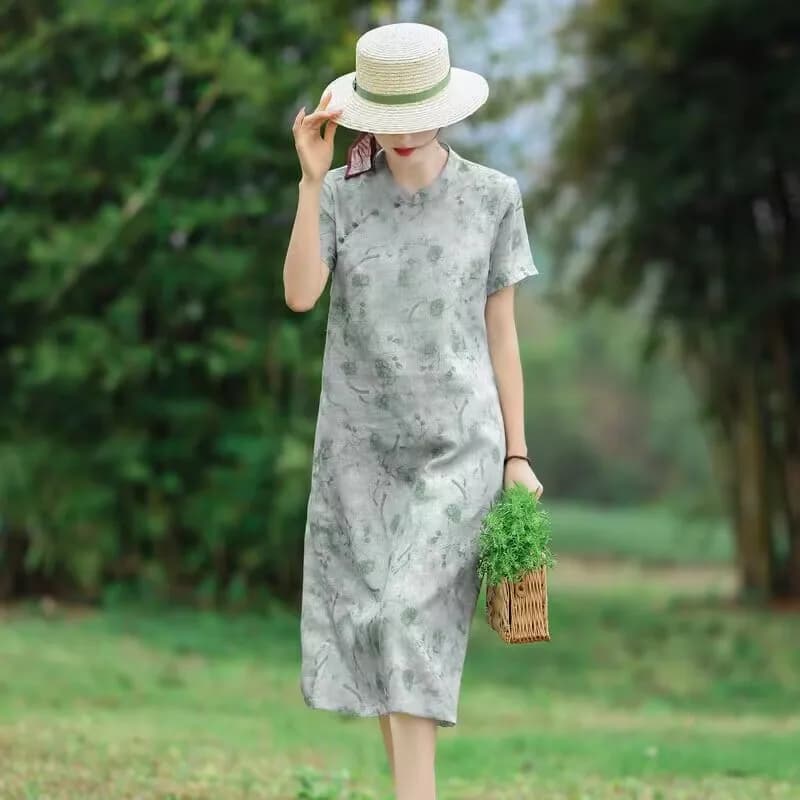 Qipao in cotone e lino taglie forti, gonna a trapezio estiva alla moda, stile casual, vita ampia, girocollo, lunghezza media