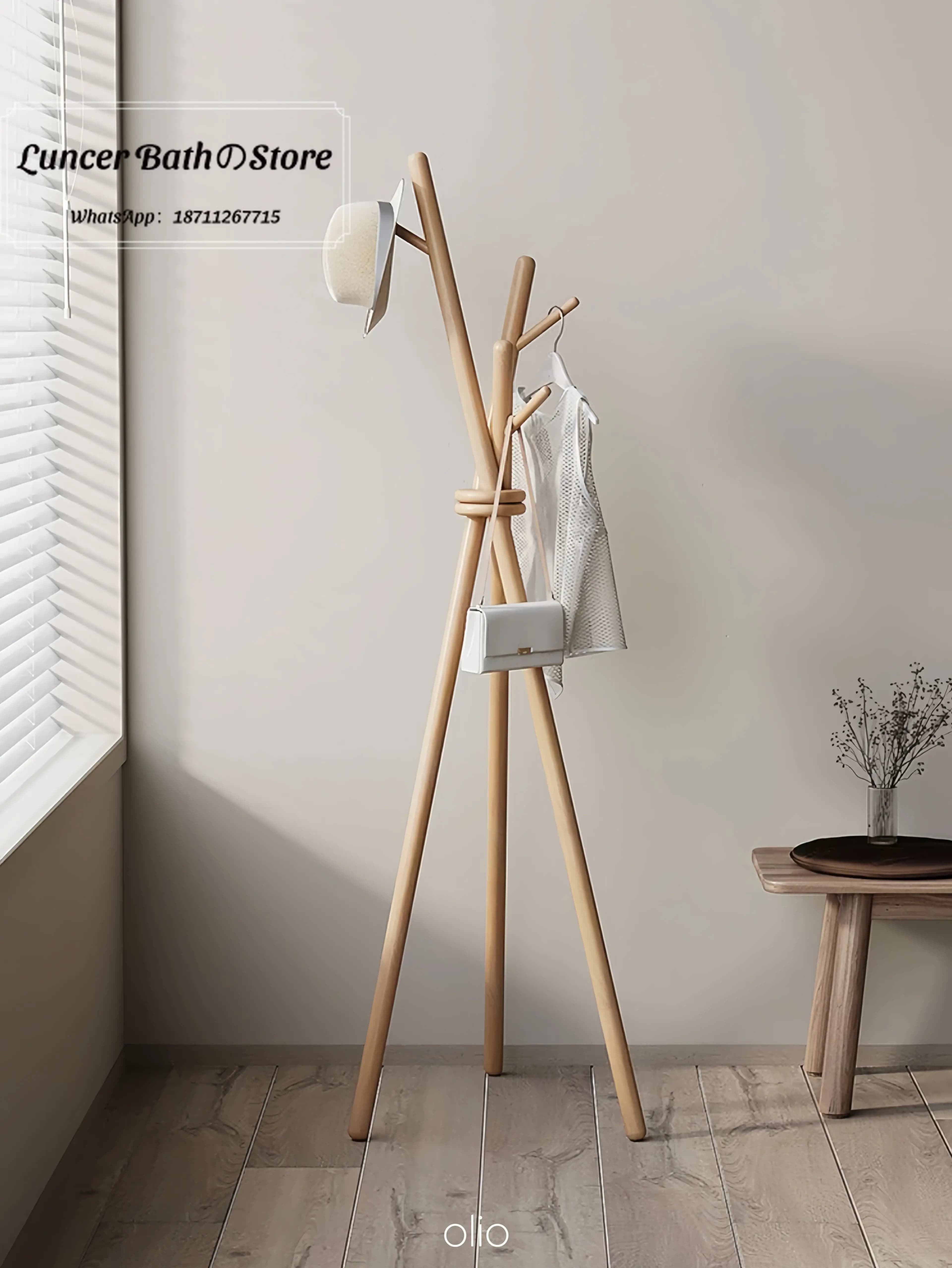 Japanese Solid Wood Floor Coat Rack, Movable Standing Clothes Hanger for Bedroom, Portable Garment Rack with Storage