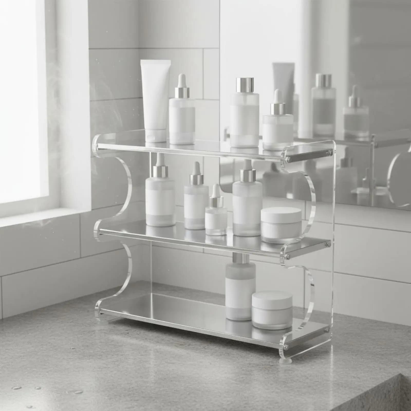 Tiered Organizer Rack Multi-Tier Stainless Steel Shelf Organizer Acrylic Storage Rack Space Saving for Bathroom