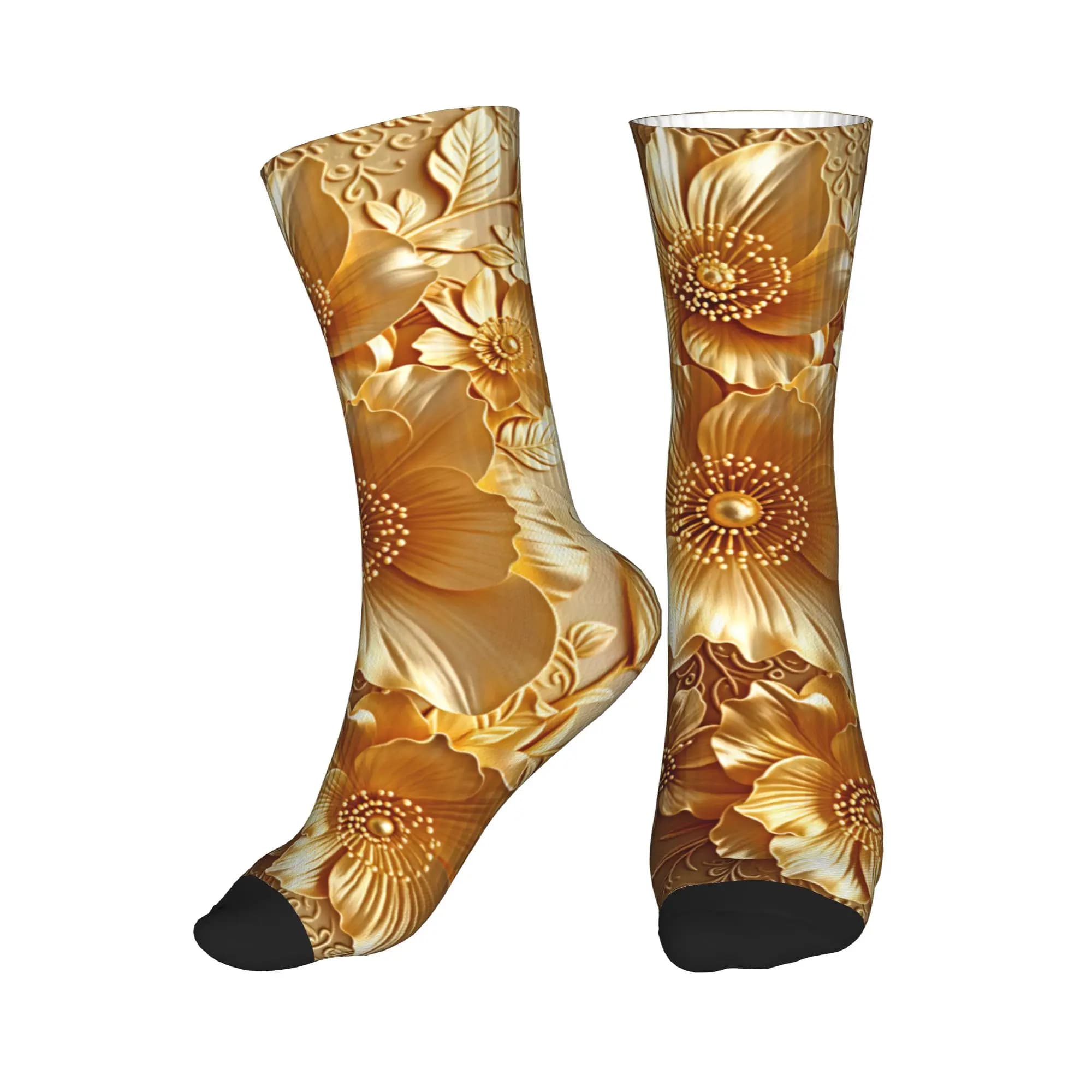 3D Embossed Golden Floral Seamless Print Dress Socks Mens Womens Warm Fashion Novelty Crew Socks