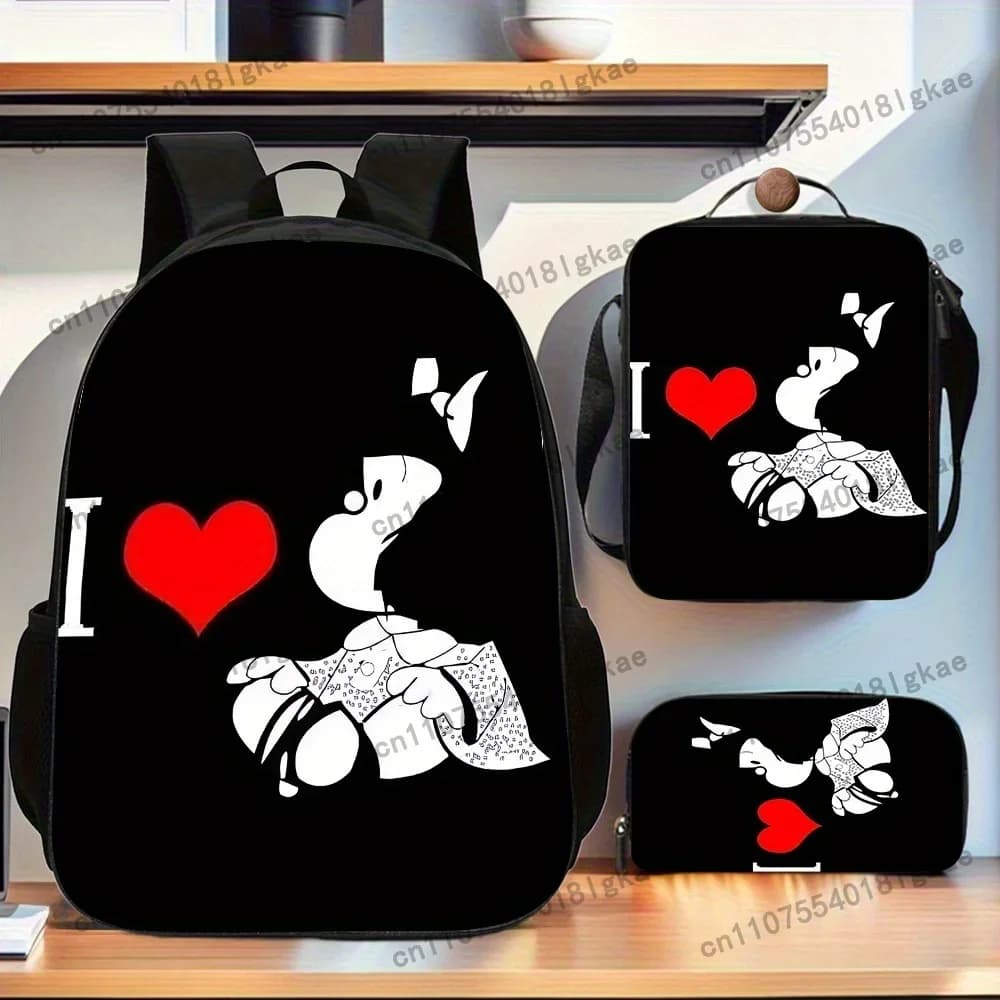3pcs Mafalda-Themed Backpack Set - Includes Large Capacity Double Shoulder Backpack, Pencil Bag & Lunch Box - Zipper Design, Adj
