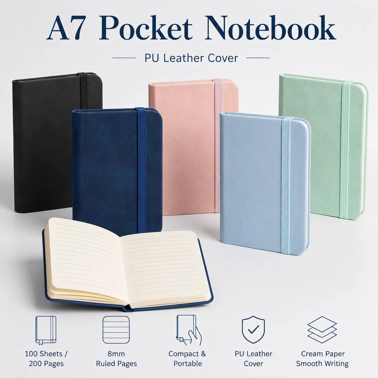 A7 Pocket Notebook, 100 Sheets/200 Pages, PU Leather Cover, 8mm Ruled Paper, Elastic Closure, Portable Journal
