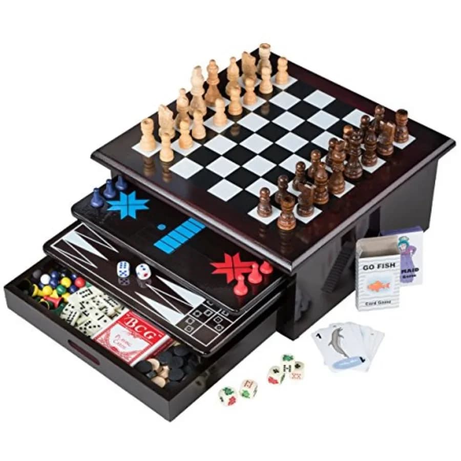 Set di Giochi da Tavolo - Centro Giochi Deluxe 15 in 1 con Dettagli in Legno e Cassetto Portaoggetti, Dama, Scacchi, Dama Cinese, Parchi