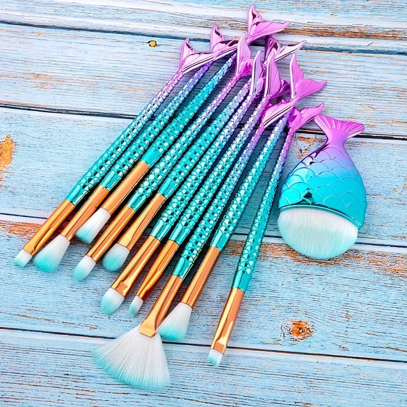 Set di 11 Pennelli per Trucco, Kit Pennelli Occhi Stile Sirena alla Moda, Pennello per Blush, Illuminante e Maschera Occhi, Set Pennelli Trucco Sirena
