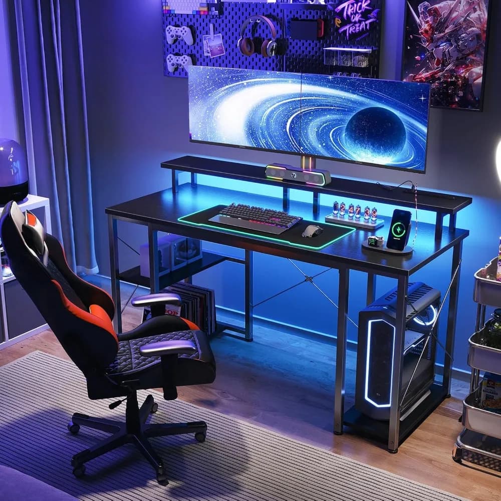 Scrivania da gioco in pollici con luci a LED e prese di corrente, scrivania per computer con supporto per monitor e ripiani portaoggetti, supporto per CPU, scrivania per ufficio domestico