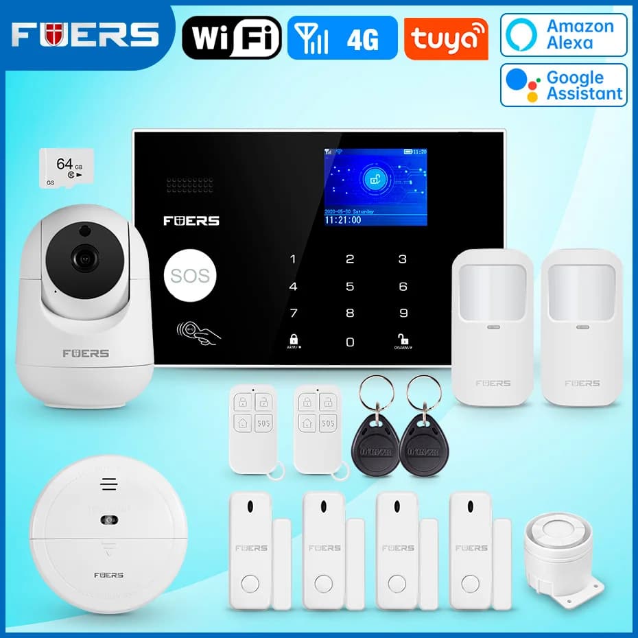 FUERS Tuya WIFI Sistema di allarme GSM Sistema di allarme di sicurezza antifurto domestico wireless Controllo APP Sirena Rilevatore di movimento Sensore PIR