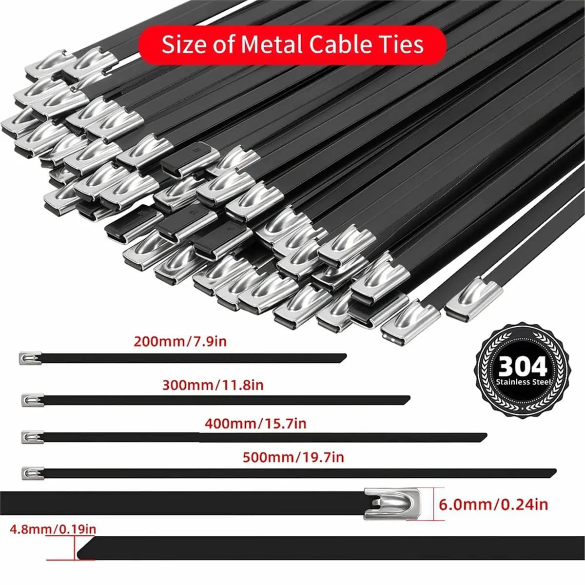 4.8x200mm 304 Stainless Steel Cable Ties 50pcs, Epoxy Coated Self-Locking for Diverse Applications