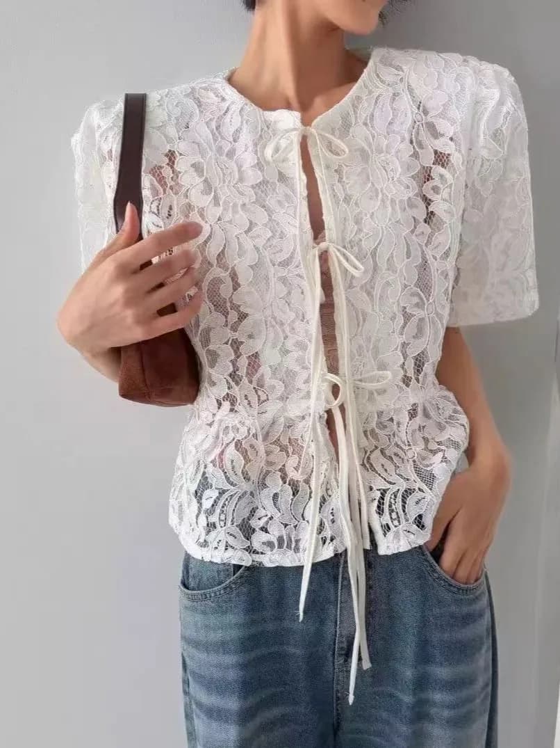 Elegant Embroidered Lace Shirt Women's round Neck Loose Tie Sweet Youthful Hollow out Top Trendy Breathable Short Sleeve