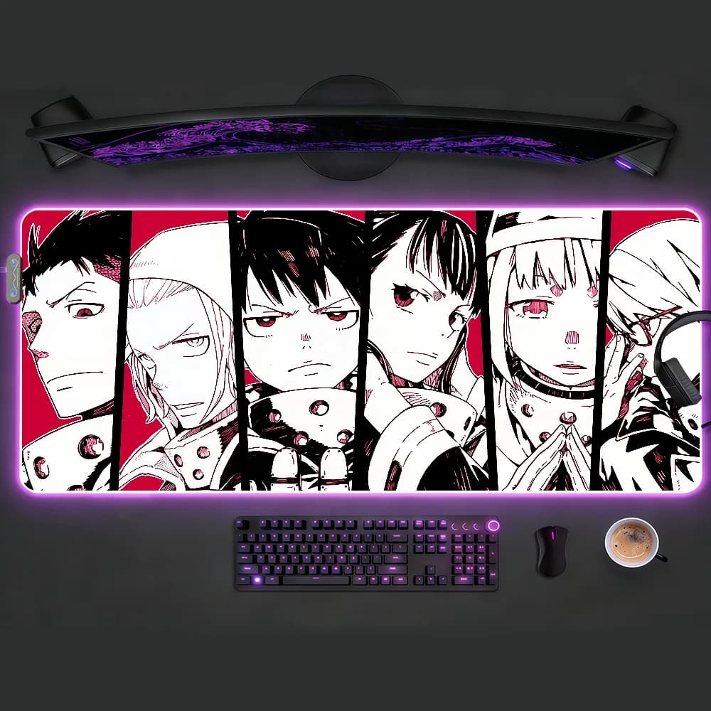Tappetino per mouse Anime Fire Force con luce LED RGB, tastiera da gioco colorata, copertura antiscivolo, superficie impermeabile
