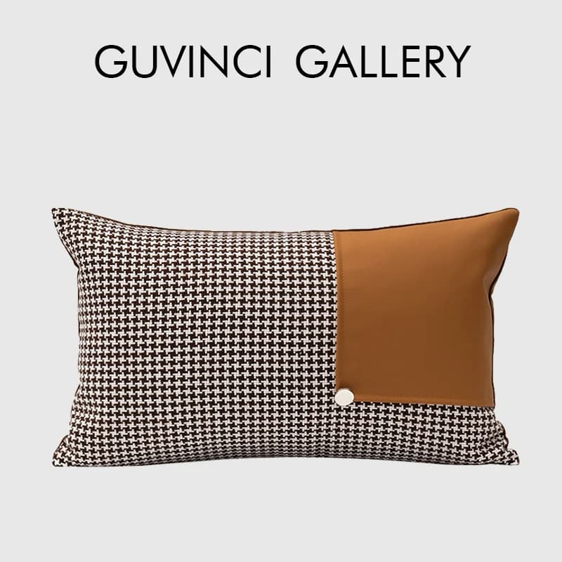 GUVINCI Fodera per cuscino lombare patchwork in ecopelle marrone cognac Federa per cuscino decorativa moderna pied de poule per casa modello hotel