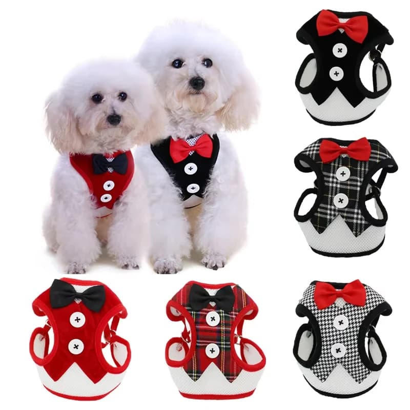 2026 Elegant Bowtie Dog Harness Vest with Leash Adjustable Cat Harness Leash Set Cute Bowknot Tuxedo Suit for Kitten Puppy