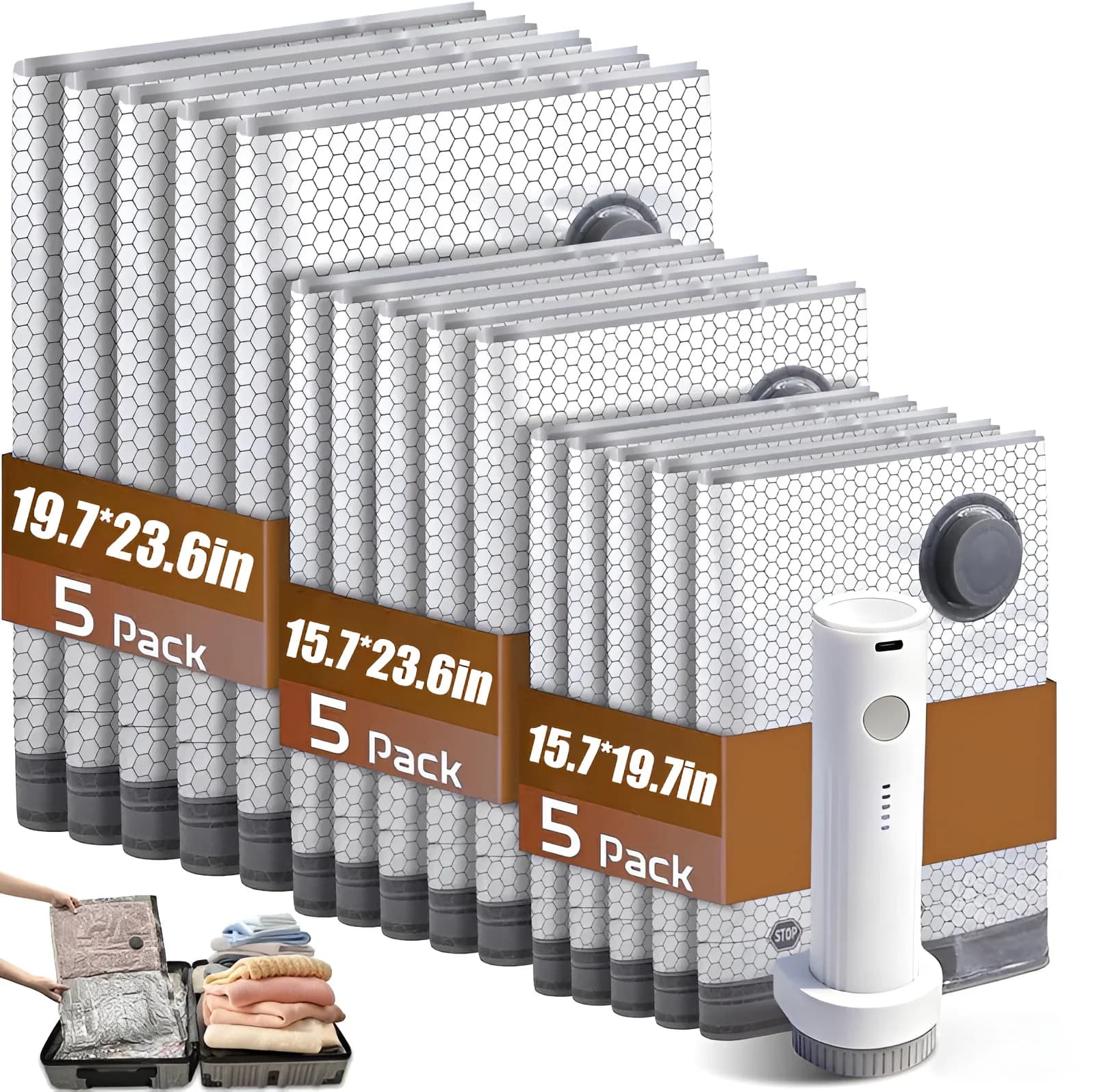 Travel Set with Wireless Vacuum Bags, 15 Pieces - Vacuum Bags for Travel with Rechargeable Air Pump, for Baggage and Bags