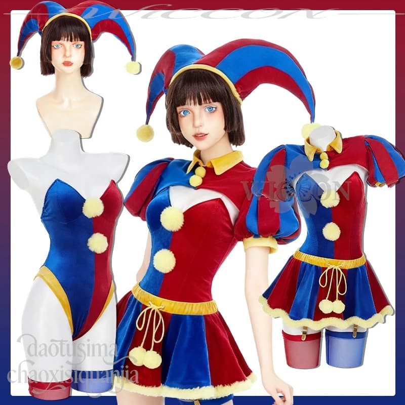 Halloween Christmas Activity Party Cosplay Pagliaccio Girl Red and Blue Bikini Mini Dress Horror Hat Anime Jirai Kei