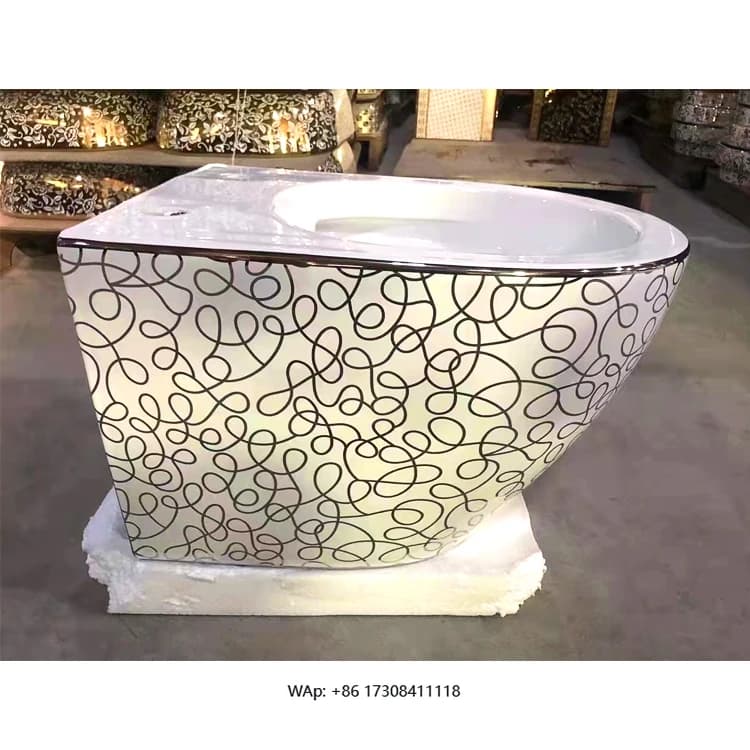 Black gold toilet with prefabricated ceramic mesh, luxury bathroom, wall suspended sink