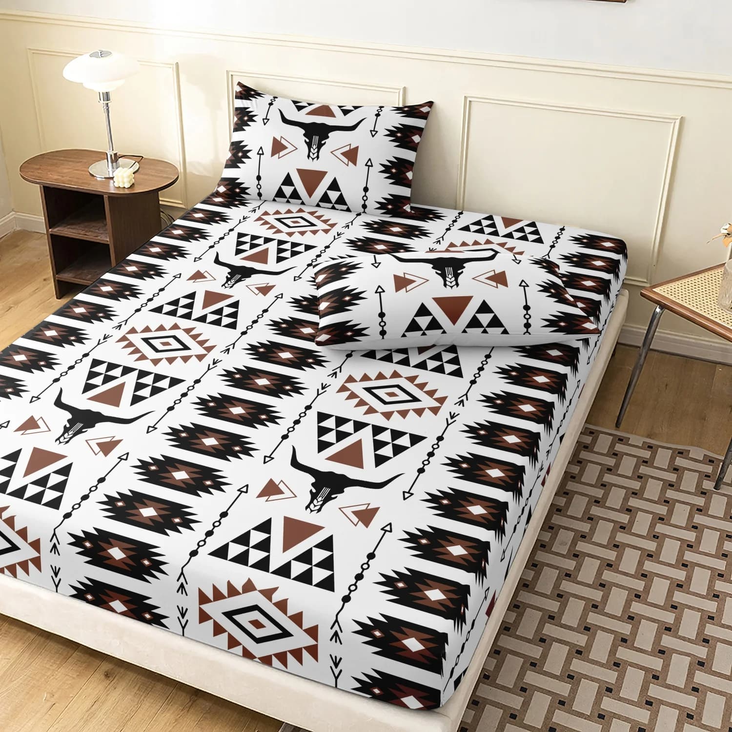 3Pcs Western Cow Skull Print Fitted Sheet Set, Southwestern Tribal Geometric Arrow Print Bed Sheet, For Family Dormitory Hotel
