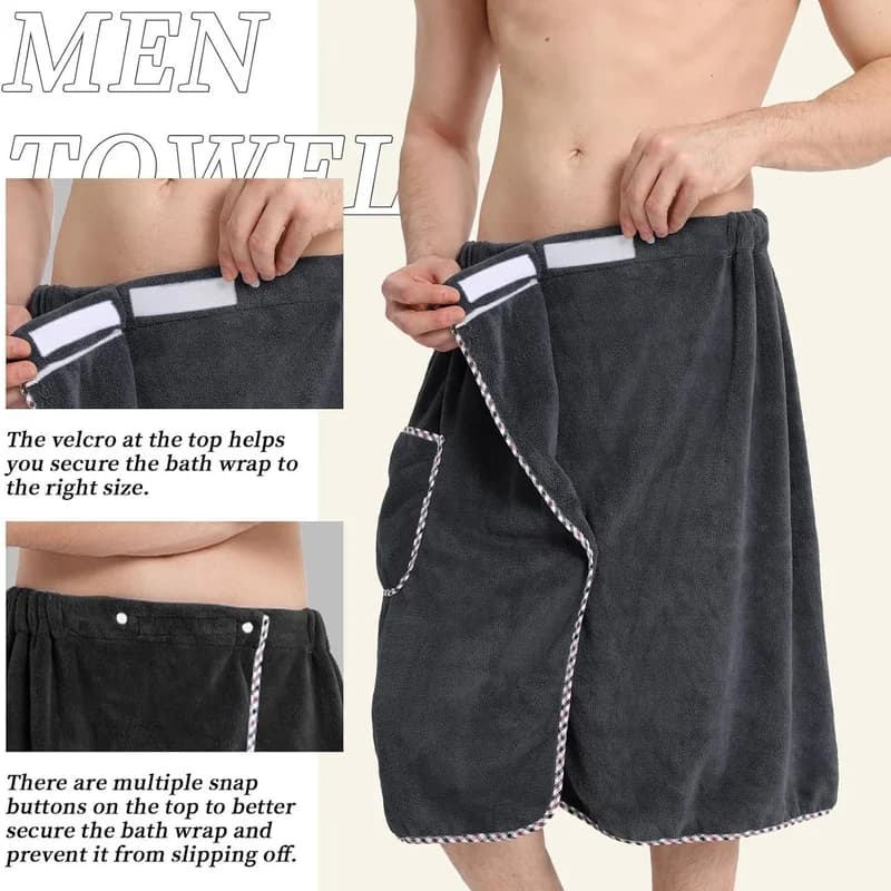Asciugamano da Bagno Indossabile per Uomo con Chiusura a Strappo, Asciugatura Rapida, per Spiaggia e Spa, con Tasca, Accappatoio Regolabile