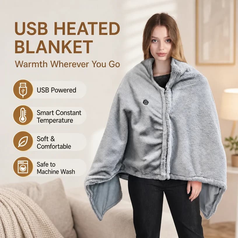 Electric heated shawl blanket, carbon fiber/graphene heating, smart three-level temperature control, USB port, machine washable